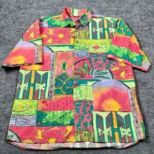 Vintage Territory Ahead Shirt Men L Green Pink Geometric All Over Print Graphic